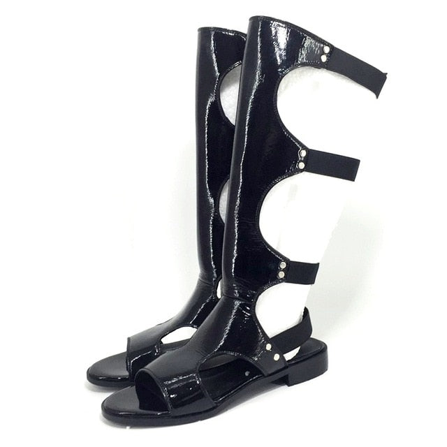 classic design fashion gladiator summer sandals women knee high boots ladies sexy cut-outs black boots leather dress shoes woman
