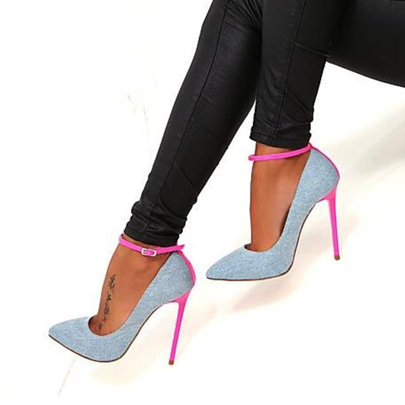 Blue Denim High Heel Pumps Sexy Pointed toe Ankle Strap Woman Shoes 2019 Newest Pink Stiletto Heel Banquet Dress Shoes Plus Size