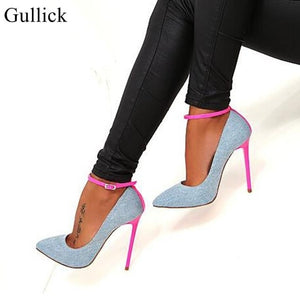 Blue Denim High Heel Pumps Sexy Pointed toe Ankle Strap Woman Shoes 2019 Newest Pink Stiletto Heel Banquet Dress Shoes Plus Size