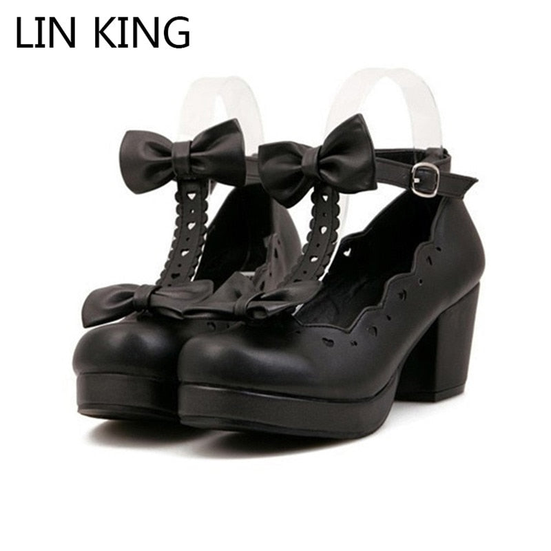 LIN KING Fashion Buckle Women Mary Janes Pumps T-Strap Women High Heel Shoes Sweet Bowtie Lolita Shoes Girls Cosplay Party Shoes