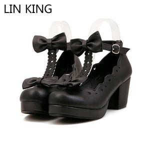 LIN KING Fashion Buckle Women Mary Janes Pumps T-Strap Women High Heel Shoes Sweet Bowtie Lolita Shoes Girls Cosplay Party Shoes