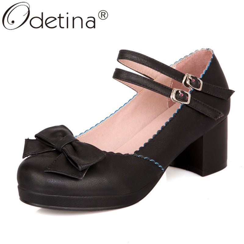 Odetina Women Bow Chunky Mid Heel Sweet Ankle Strap Cosplay Lolita Mary Jane Shoes Round Toe Cute Lady Double Buckle Dress Pumps