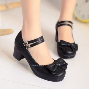 Odetina Women Bow Chunky Mid Heel Sweet Ankle Strap Cosplay Lolita Mary Jane Shoes Round Toe Cute Lady Double Buckle Dress Pumps