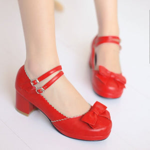 Odetina Women Bow Chunky Mid Heel Sweet Ankle Strap Cosplay Lolita Mary Jane Shoes Round Toe Cute Lady Double Buckle Dress Pumps