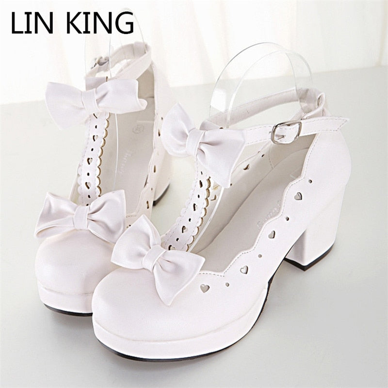 LIN KING Women Mary Janes Pumps Cute Bowtie Princess Lolita Shoes Ladies High Heel Casual Shoes Square Heel Colsplay Party Shoes