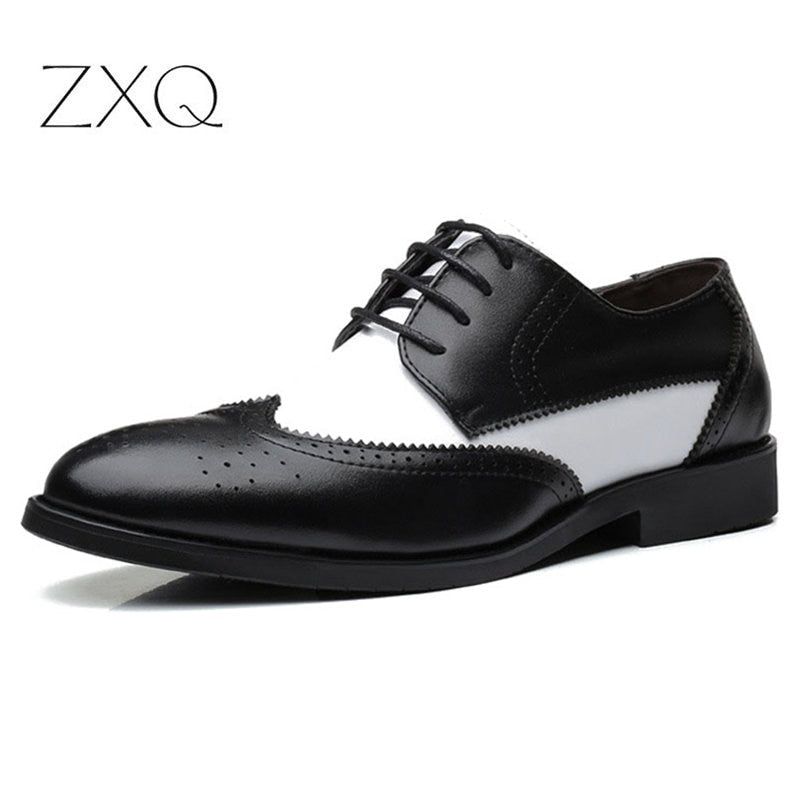 2019 British Style Men's Trend Pointed Toe Brogues Shoes Men Wedding Leather Dress Shoes Black With White Formal Shoes Men