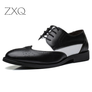 2019 British Style Men's Trend Pointed Toe Brogues Shoes Men Wedding Leather Dress Shoes Black With White Formal Shoes Men
