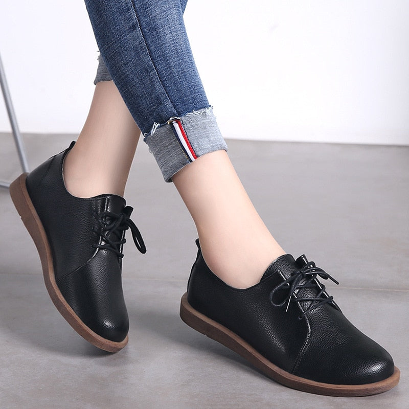 AARDIMI Autumn Women's Genuine Leather Shoes Woman Rubber Flats Female Lace-Up Casual Zapatos De Mujer 2019  Brogue Shoes