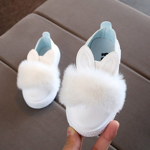 Kids Flats Baby Girls Shoes Casual Flat Shoes Rabbit Ears Fur Shoes 2020 Spring Slip On PU Leather Shoe zapatos princesa D30