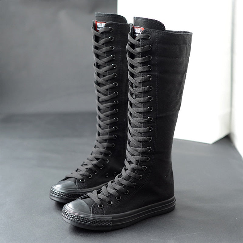 2020 Spring Women Canvas Lace Up Cross Tied Knee High Boots Zip Plus Size Ladies Flat White Black Shoes Female Casual Sneakers