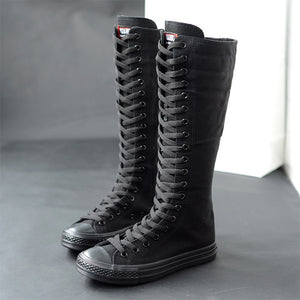 2020 Spring Women Canvas Lace Up Cross Tied Knee High Boots Zip Plus Size Ladies Flat White Black Shoes Female Casual Sneakers