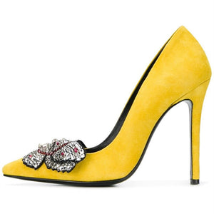 Fashion Brand Crystal High Heels Women Yellow Suede Leather Shoes Bow-tie Stiletto Pumps Lady Party Wedding Dress Shoes On Sale