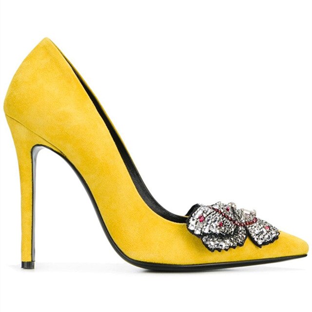 Fashion Brand Crystal High Heels Women Yellow Suede Leather Shoes Bow-tie Stiletto Pumps Lady Party Wedding Dress Shoes On Sale