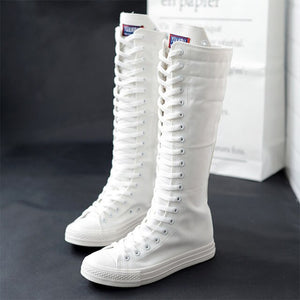 2020 Spring Women Canvas Lace Up Cross Tied Knee High Boots Zip Plus Size Ladies Flat White Black Shoes Female Casual Sneakers