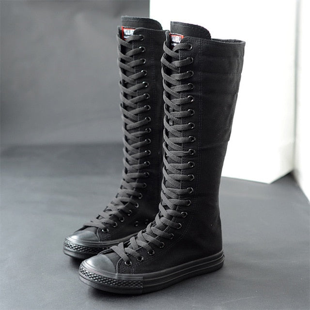 2020 Spring Women Canvas Lace Up Cross Tied Knee High Boots Zip Plus Size Ladies Flat White Black Shoes Female Casual Sneakers