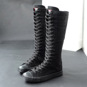 2020 Spring Women Canvas Lace Up Cross Tied Knee High Boots Zip Plus Size Ladies Flat White Black Shoes Female Casual Sneakers