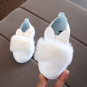 Kids Flats Baby Girls Shoes Casual Flat Shoes Rabbit Ears Fur Shoes 2020 Spring Slip On PU Leather Shoe zapatos princesa D30