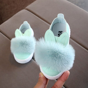 Kids Flats Baby Girls Shoes Casual Flat Shoes Rabbit Ears Fur Shoes 2020 Spring Slip On PU Leather Shoe zapatos princesa D30