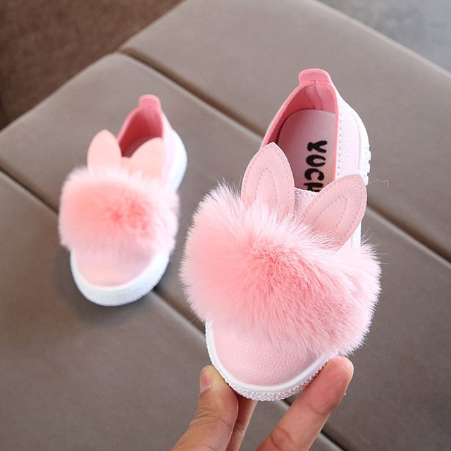 Kids Flats Baby Girls Shoes Casual Flat Shoes Rabbit Ears Fur Shoes 2020 Spring Slip On PU Leather Shoe zapatos princesa D30
