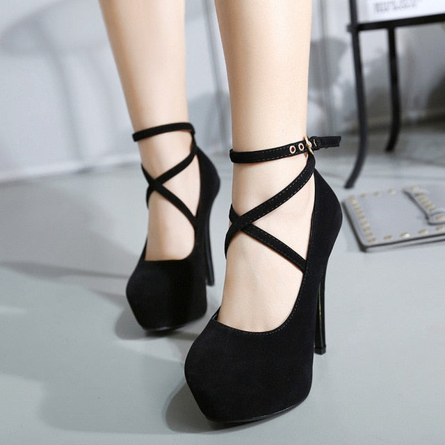 Sexy Big Pumps Women Red Thick Bottom Cross-tie 14 cm High Heels Office Ladies Shoes Soft Flock Bridal Single Footwear Size 42