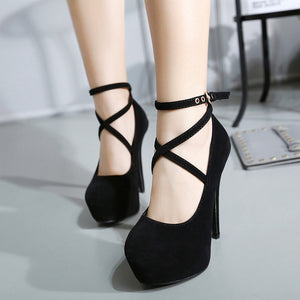Sexy Big Pumps Women Red Thick Bottom Cross-tie 14 cm High Heels Office Ladies Shoes Soft Flock Bridal Single Footwear Size 42