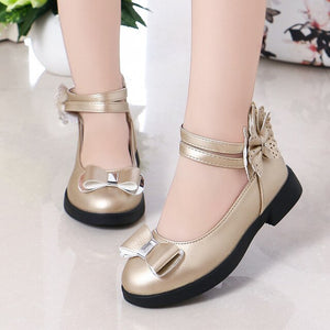 Kids Flats For Girls Princess Bow-knot Big Children Leather Shoes Girls Shoes Butterfly-knot Flats For Wedding Model Show 26-36
