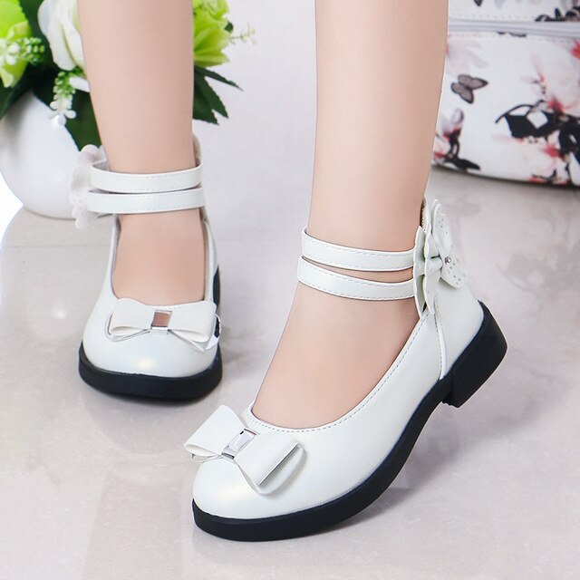 Kids Flats For Girls Princess Bow-knot Big Children Leather Shoes Girls Shoes Butterfly-knot Flats For Wedding Model Show 26-36