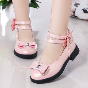 Kids Flats For Girls Princess Bow-knot Big Children Leather Shoes Girls Shoes Butterfly-knot Flats For Wedding Model Show 26-36