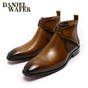 LUXURY DESIGN CHUKKA BOOTS FASHION MEN'S GENUINE LEATHER ANKLE BOOTS LACE UP FORMAL MENS DRESS SHOES BLACK BROWN BASIC BOOTS MEN