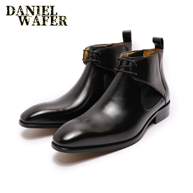 LUXURY DESIGN CHUKKA BOOTS FASHION MEN'S GENUINE LEATHER ANKLE BOOTS LACE UP FORMAL MENS DRESS SHOES BLACK BROWN BASIC BOOTS MEN
