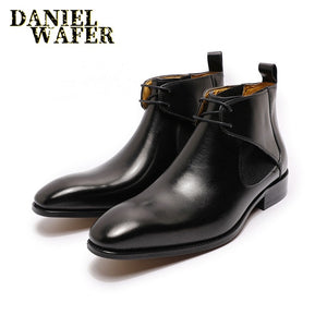 LUXURY DESIGN CHUKKA BOOTS FASHION MEN'S GENUINE LEATHER ANKLE BOOTS LACE UP FORMAL MENS DRESS SHOES BLACK BROWN BASIC BOOTS MEN