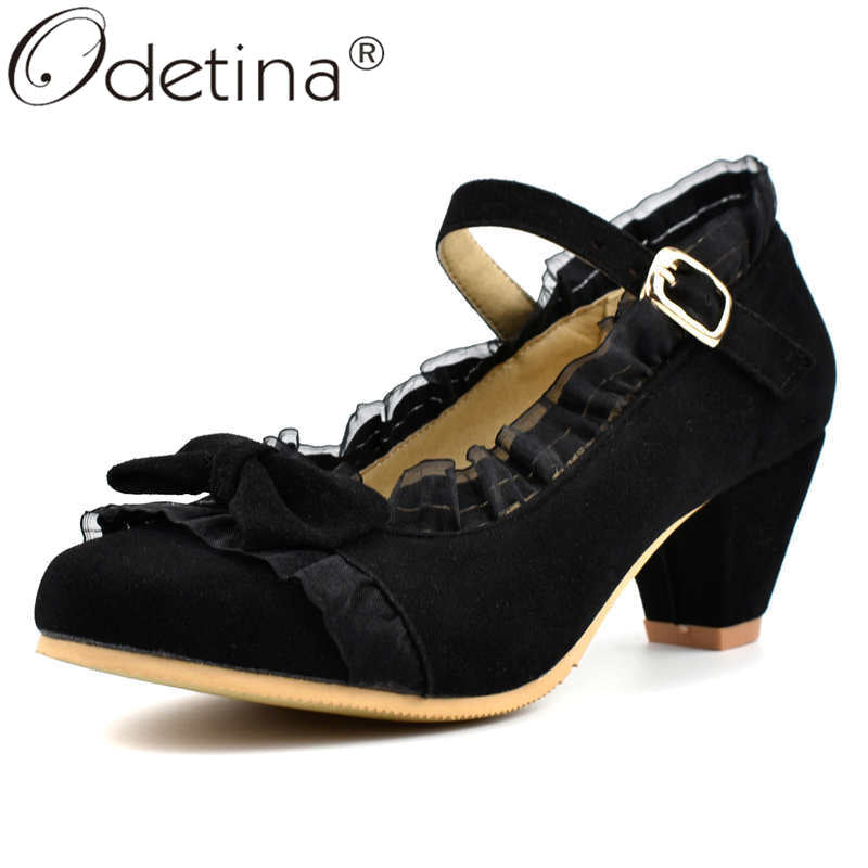 Odetina Women Fashion Bow Round Toe Cosplay Mary Janes Shoes Buckle Strap Ruffles Riband Block Mid Heel Faux Suede Sweet Lolita
