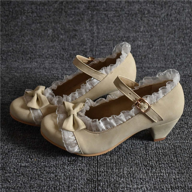 Odetina Women Fashion Bow Round Toe Cosplay Mary Janes Shoes Buckle Strap Ruffles Riband Block Mid Heel Faux Suede Sweet Lolita