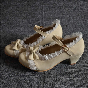 Odetina Women Fashion Bow Round Toe Cosplay Mary Janes Shoes Buckle Strap Ruffles Riband Block Mid Heel Faux Suede Sweet Lolita
