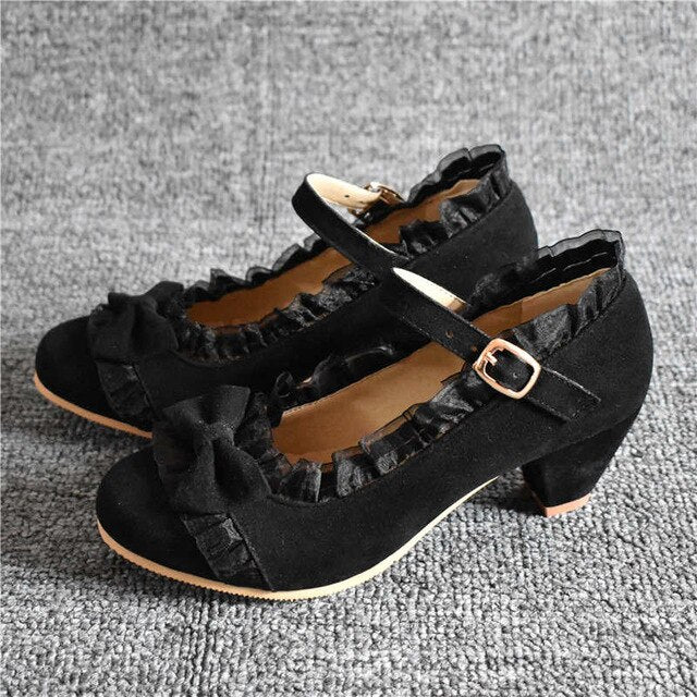 Odetina Women Fashion Bow Round Toe Cosplay Mary Janes Shoes Buckle Strap Ruffles Riband Block Mid Heel Faux Suede Sweet Lolita