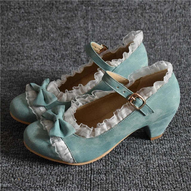 Odetina Women Fashion Bow Round Toe Cosplay Mary Janes Shoes Buckle Strap Ruffles Riband Block Mid Heel Faux Suede Sweet Lolita