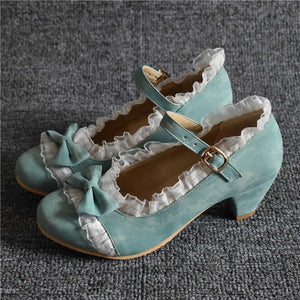 Odetina Women Fashion Bow Round Toe Cosplay Mary Janes Shoes Buckle Strap Ruffles Riband Block Mid Heel Faux Suede Sweet Lolita
