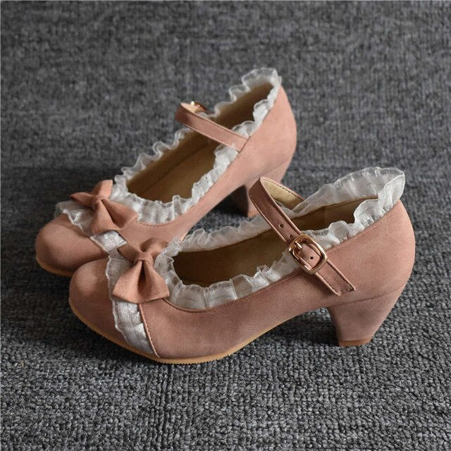 Odetina Women Fashion Bow Round Toe Cosplay Mary Janes Shoes Buckle Strap Ruffles Riband Block Mid Heel Faux Suede Sweet Lolita