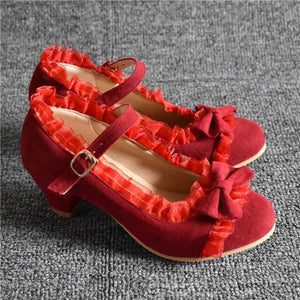 Odetina Women Fashion Bow Round Toe Cosplay Mary Janes Shoes Buckle Strap Ruffles Riband Block Mid Heel Faux Suede Sweet Lolita