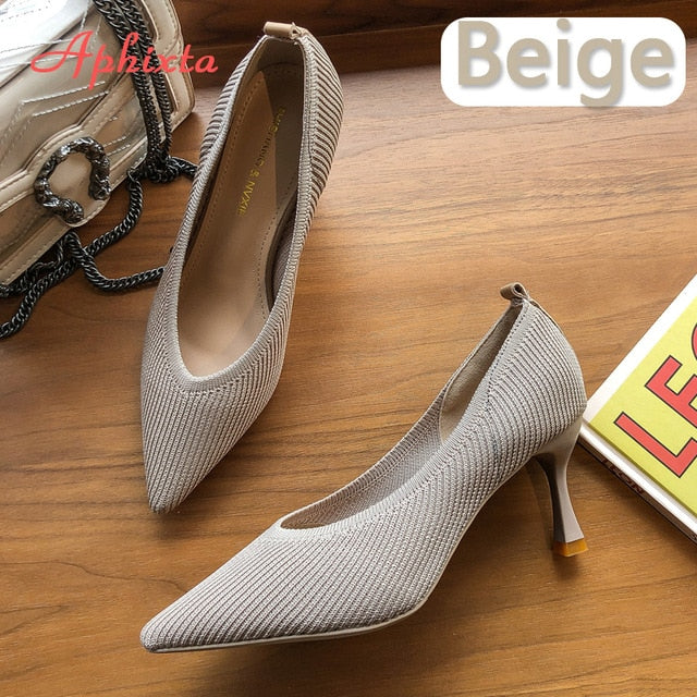 Aphixta 7cm Metal Blade Heels Socks Pumps Women Stretch Fabric Elastic Stilettos Heel Fashion Work Black Party Shoes Women