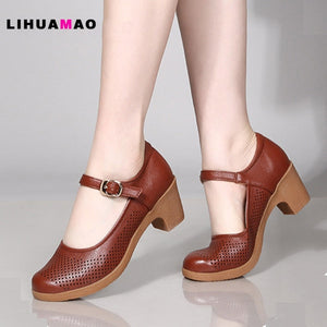 LIHUAMAO Mary Jane shoes square heel ankle strap party wedding work comfort breathable round heel shoes for women pumps brown