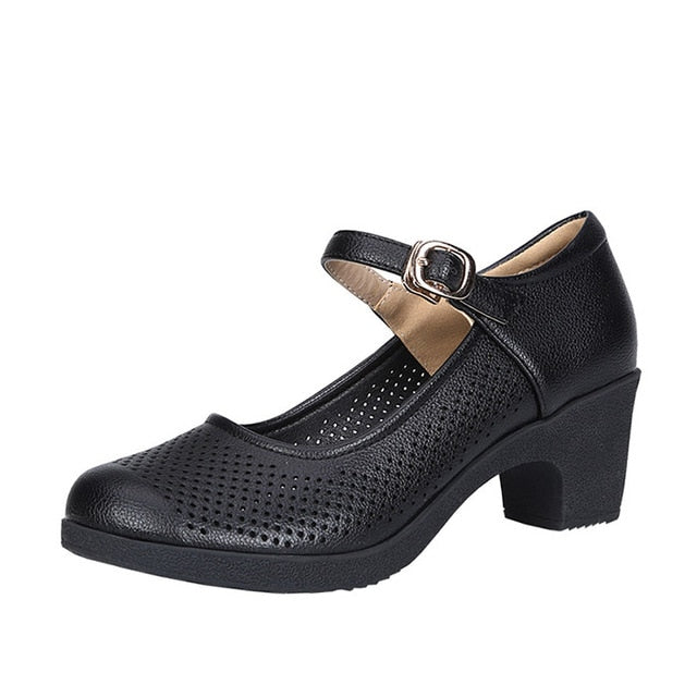 LIHUAMAO Mary Jane shoes square heel ankle strap party wedding work comfort breathable round heel shoes for women pumps brown