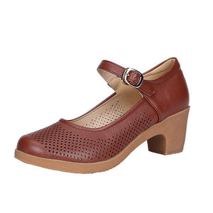 LIHUAMAO Mary Jane shoes square heel ankle strap party wedding work comfort breathable round heel shoes for women pumps brown