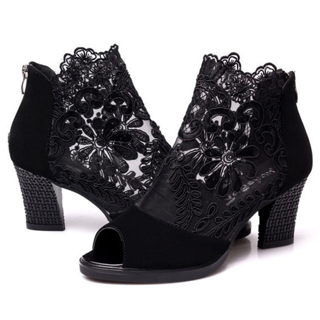 Fashion 2020 Summer Mesh Peep Toe Sandals Sexy Heels Single Shoes Lace Pumps Woman High Heel Fashion Women Shoes Platform Ladies