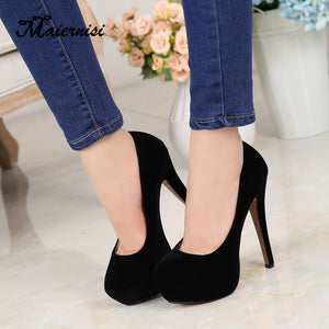 MAIERNISI super high heels shoes flock platform Heeled shoes pumps women night club thin heel sexy plus big size 14cm high heels