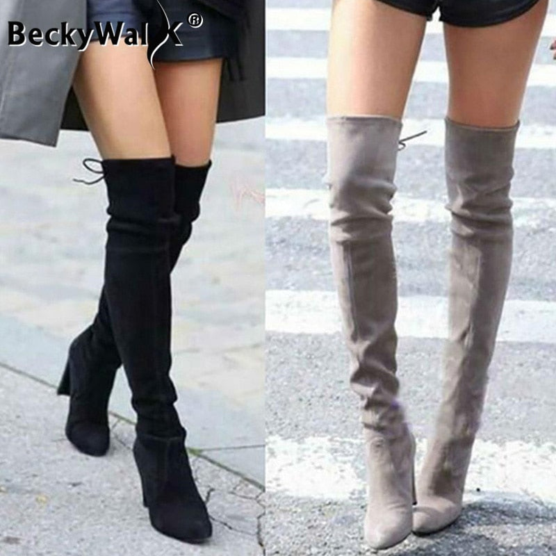 Faux Suede Slim Over the knee Boots Winter Women Boots Sexy Thigh High Boots Female High Heel Shoes Woman Plus Size 43 WSH3443