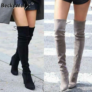Faux Suede Slim Over the knee Boots Winter Women Boots Sexy Thigh High Boots Female High Heel Shoes Woman Plus Size 43 WSH3443