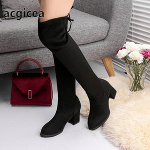 2020 Fashion Women Boots Spring Winter Over The Knee Heels Quality Suede Long Comfort Square Botines Mujer Thigh High Boots