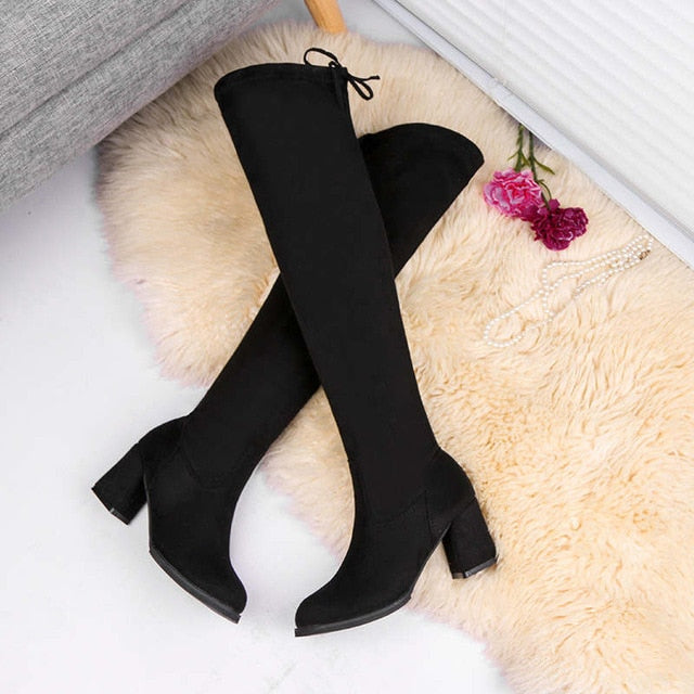 2020 Fashion Women Boots Spring Winter Over The Knee Heels Quality Suede Long Comfort Square Botines Mujer Thigh High Boots
