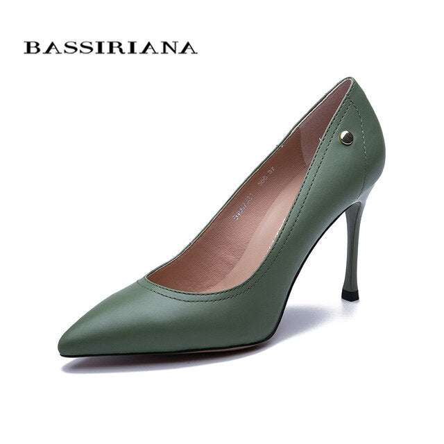 Bassiriana 2020 spring and summer new leather women high heels pointed toe fashion stiletto shoes woman shoes